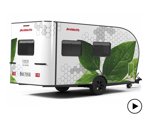 the coco e-camper is designed for electric cars, featuring a dual-motor axle that boosts towing power