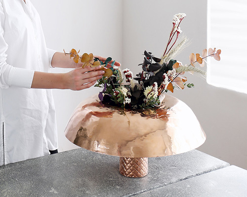joel escalona's florete is an all-copper flower container with a diamond-engraved base