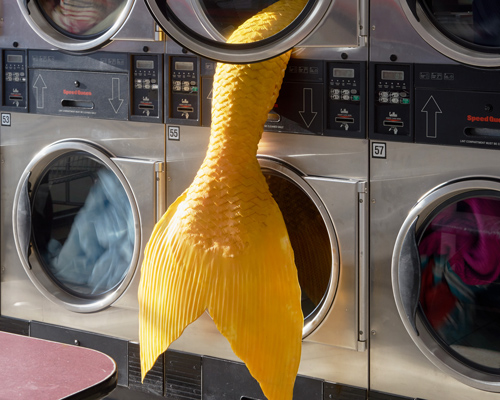 mermaid tails emerge from washing machines at a laundromat in LA