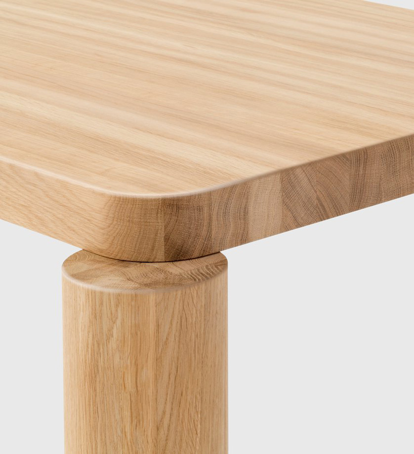 the offset dining table by philippe malouin comes with misaligned legs in solid oak