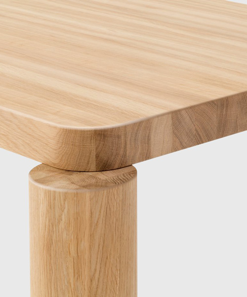 the offset dining table by philippe malouin comes with misaligned legs in solid oak