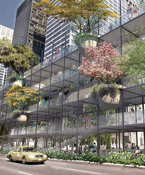 big multifunctional shelf at park avenue, NY, features lush green gardens, by studio JCW