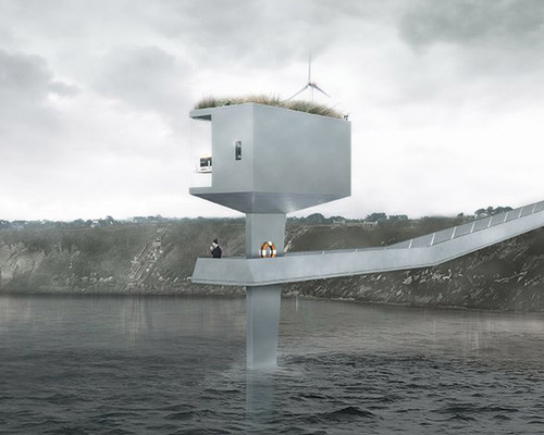 studio NAB's lighthouse keeper cabin projects a luminous tower hologram into the sea