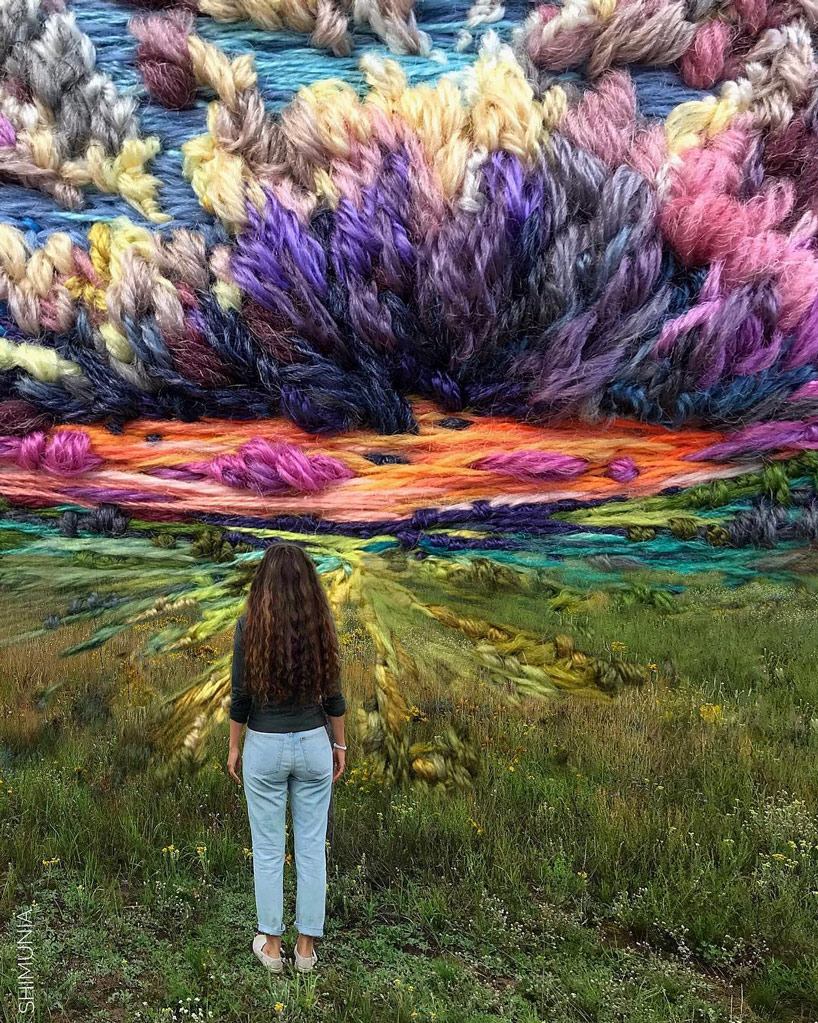 embroidery artist 'paints' rainbow-hued landscape using thread