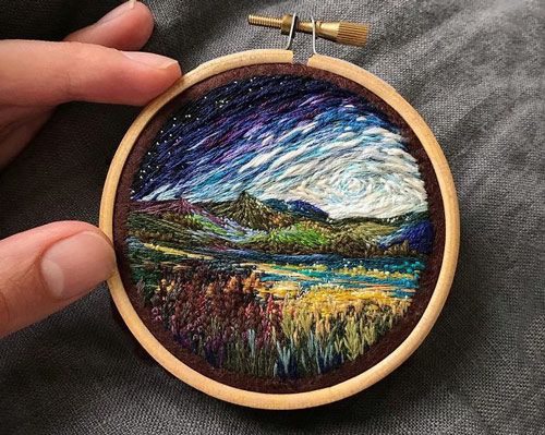 artist swaps paint brushes for needle and thread to create colourful landscapes