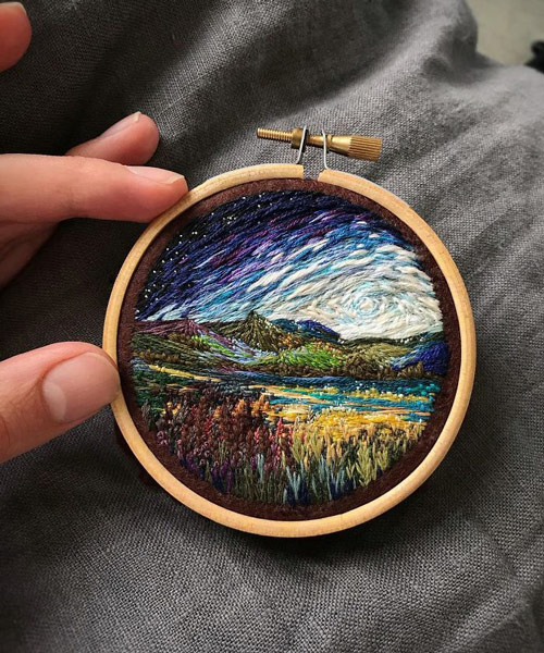 artist swaps paint brushes for needle and thread to create colourful landscapes