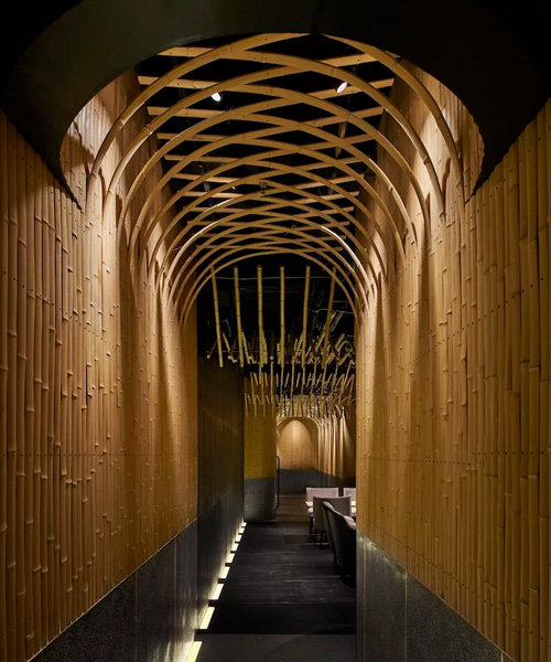 imafuku architects creates a bamboo canopy inside japanese restaurant in beijing