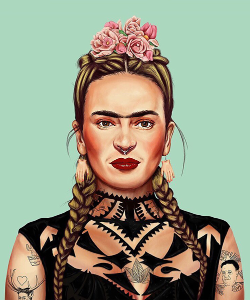illustrator reimagines frida kahlo, van gogh, and andy warhol, as modern day hipsters
