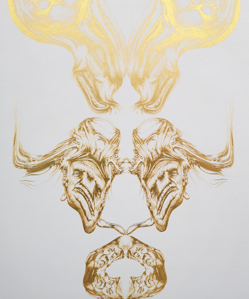 jim shaw illustrates trump's contorted facial features in gilded wallpaper at frieze london