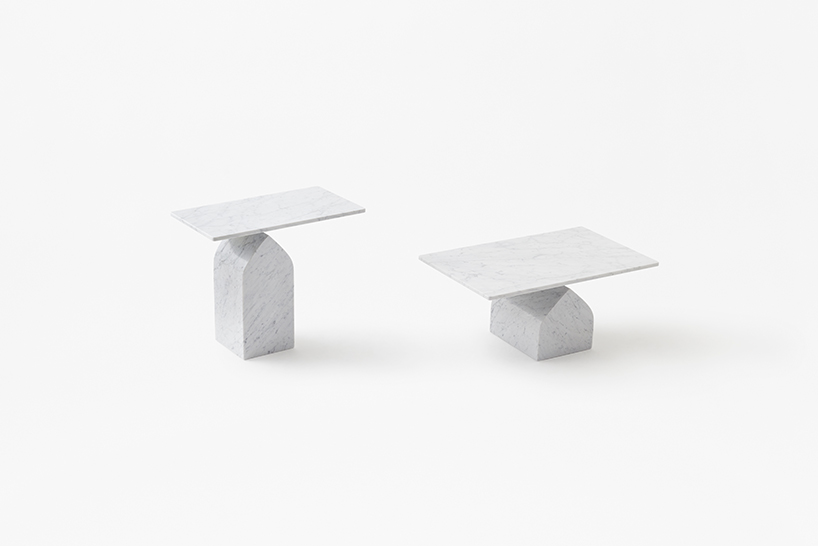 nendo's seesaw tables for marsotto edizioni softly rise up from the base designboom