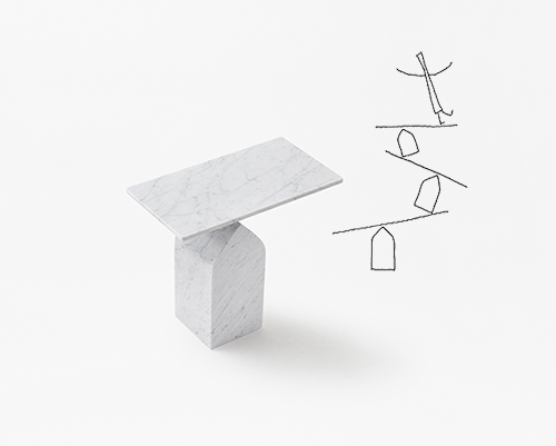 nendo's seesaw tables for marsotto edizioni softly rise up from the base