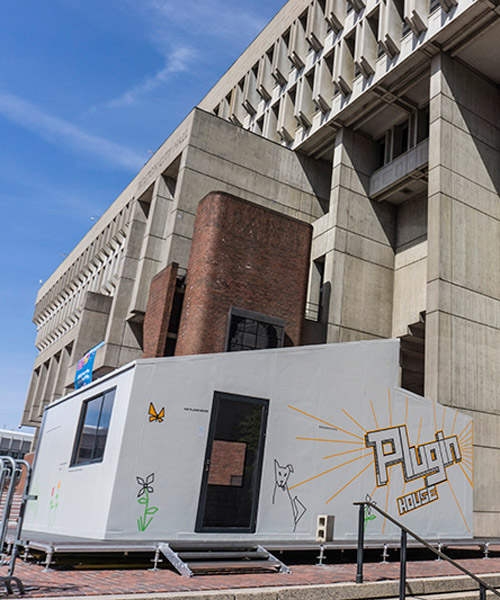 prefabricated plugin house creates temporary public spaces in harvard and boston city hall