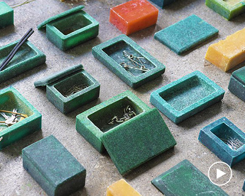 yosuke matsushita dips sponges into melted resin to form solid colorful cases