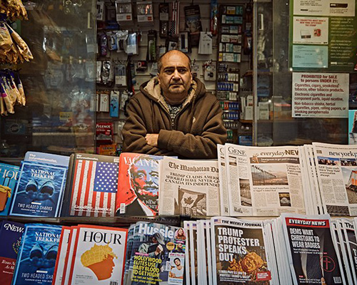 the fake newsstand prints false headlines from the internet into real newspapers + magazines