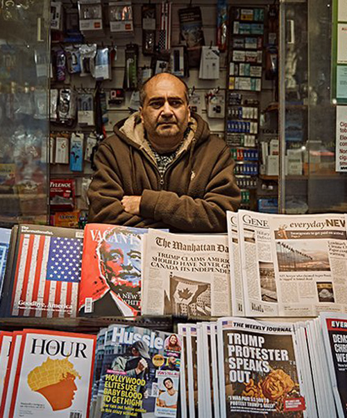 the fake newsstand prints false headlines from the internet into real newspapers + magazines