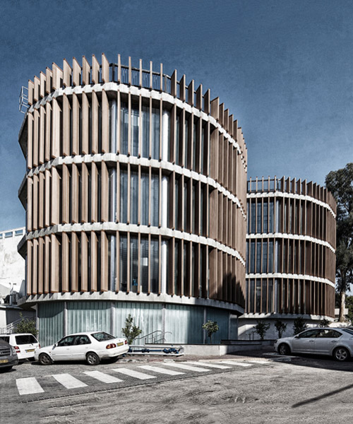 two translucent cylinders of wooden louvres extend the design college campus in ramat gan, by geotectura
