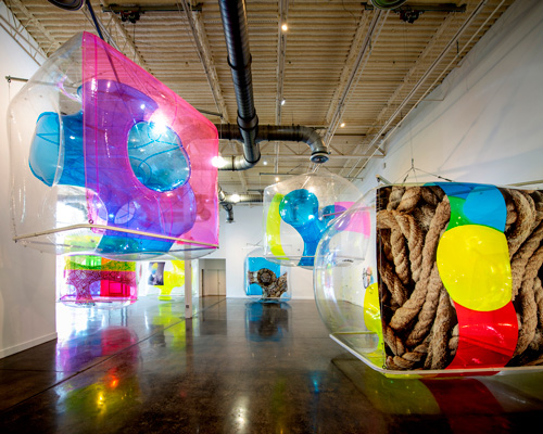in synthetic cells, michael rees layers inflatable vinyl structures with augmented reality