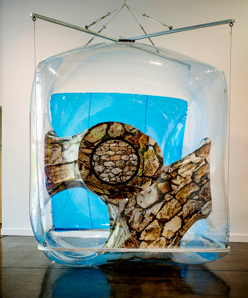 in synthetic cells, michael rees layers inflatable vinyl structures with augmented reality