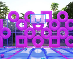 cyril lancelin fences basketball court with grid of pink doughnuts and squares