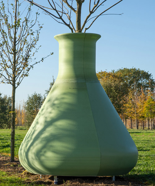 dutch architects plant trees into huge 3D printed sample tubes