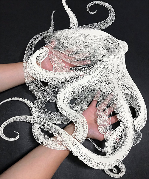 masayo fukuda cuts intricate kirie octopus from single piece of paper