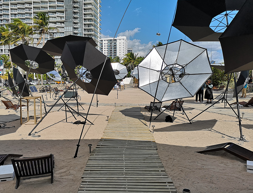 tom s saraceno composes sundial of solar umbrellas on miami beach