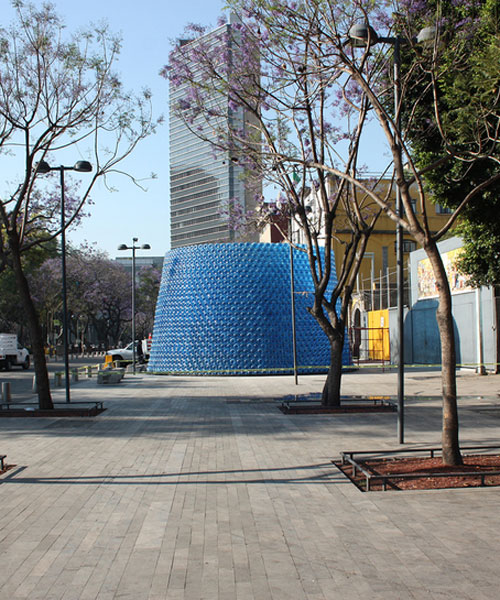 architects build a pavilion of 2500 plastic bottles in the center of mexico city