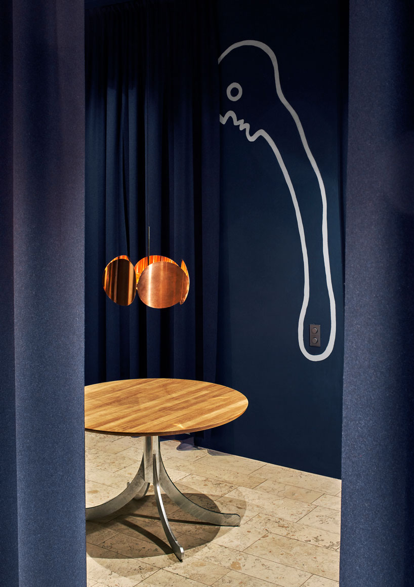 jesper waldersten paints flowing figures that swim in the dark blue walls of portal bar claesson koivisto rune