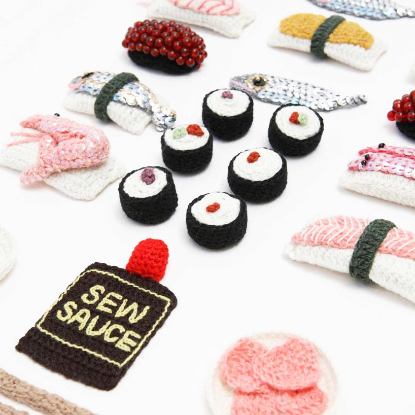 feast your eyes on this crocheted food kate jenkins platter of fish, french fries and sushi