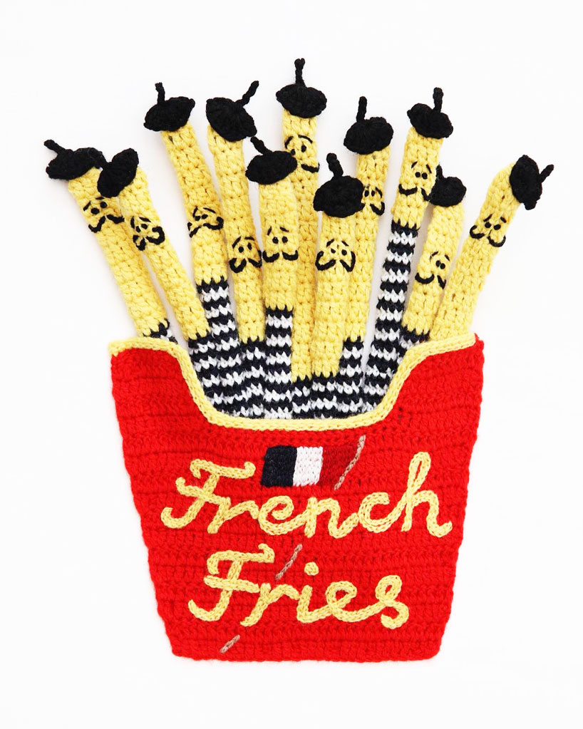 feast your eyes on this crocheted food kate jenkins platter of fish, french fries and sushi