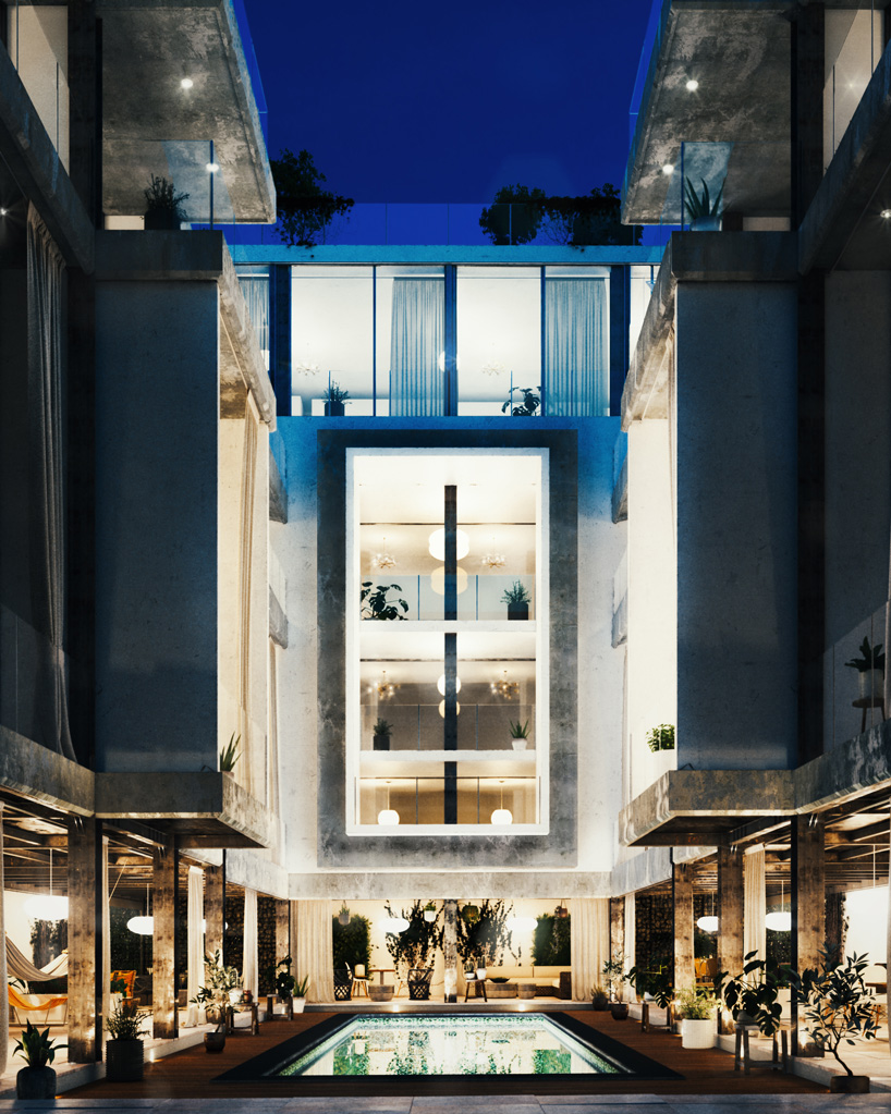 floor-to-ceiling gridded windows compose the façade of this residential complex in cyprus