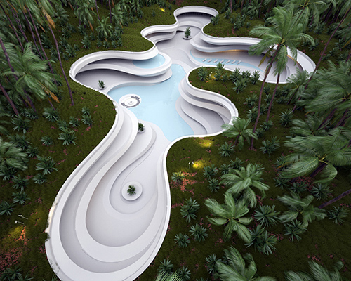 this subterranean swimming pool mimics an eroded landform with multiple levels