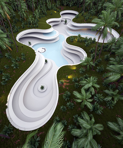 this subterranean swimming pool mimics an eroded landform with multiple levels