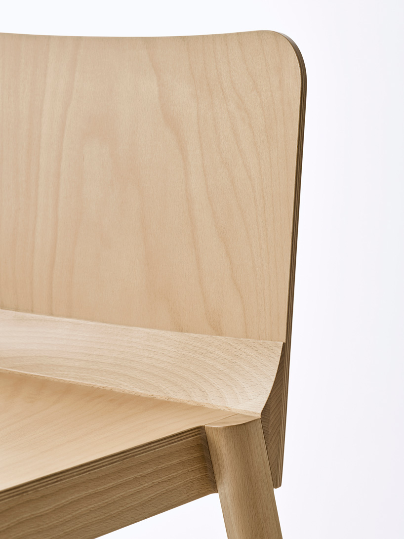 ryuichi kozeki updates the construction of wooden chairs in 'wedge' collection