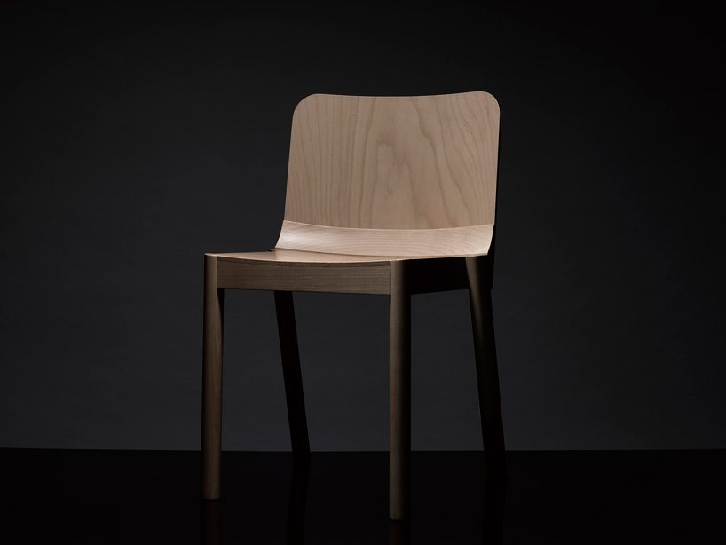 ryuichi kozeki updates the construction of wooden chairs in 'wedge' collection