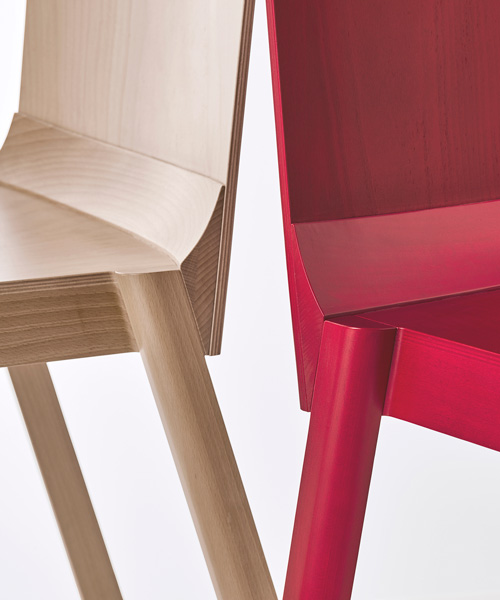 ryuichi kozeki updates the construction of wooden chairs in 'wedge' collection