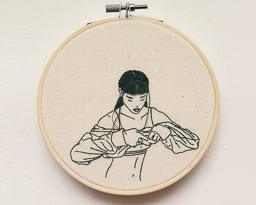 sheena liam, model and embroiderer, sculpts her hair with loose thread