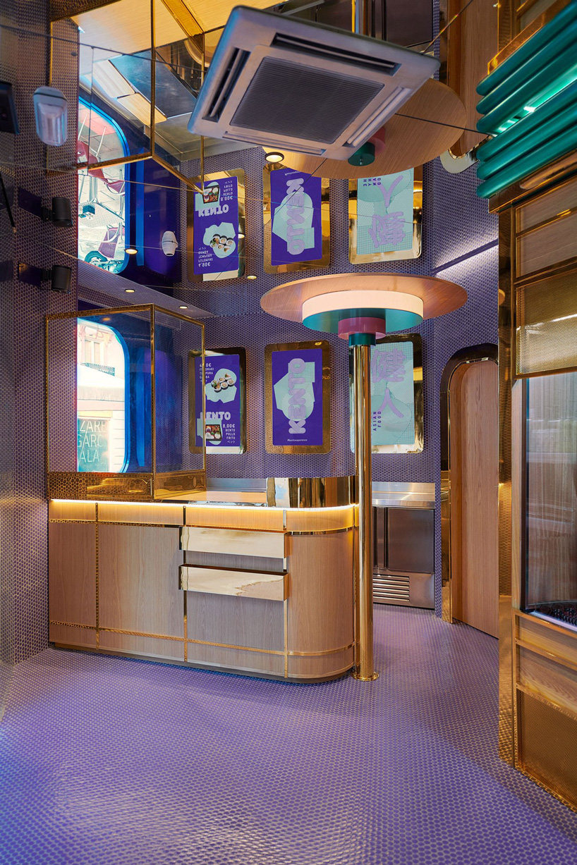 masquespacio combines bold colors and reflective materials for kento sushi shop in valencia