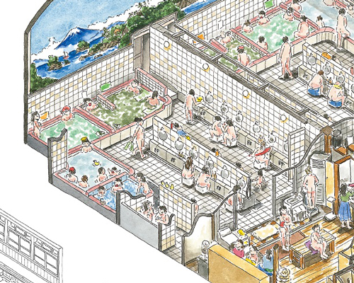 architect honami enya quits firm to tend + intricately illustrate japanese bathhouses