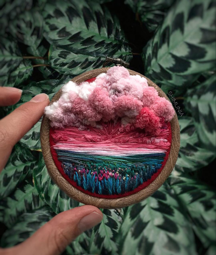 vera shimunia continues her series of vibrant, intricately embroidered  landscapes