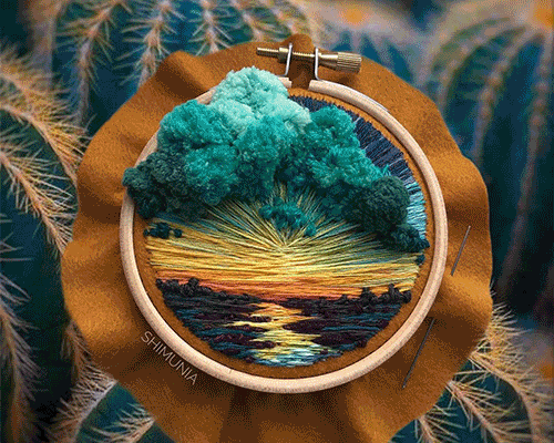 vera shimunia continues her series of vibrant, intricately embroidered landscapes