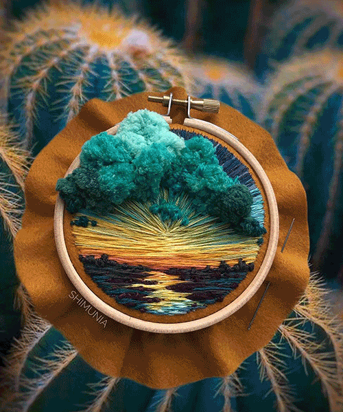 vera shimunia continues her series of vibrant, intricately embroidered landscapes