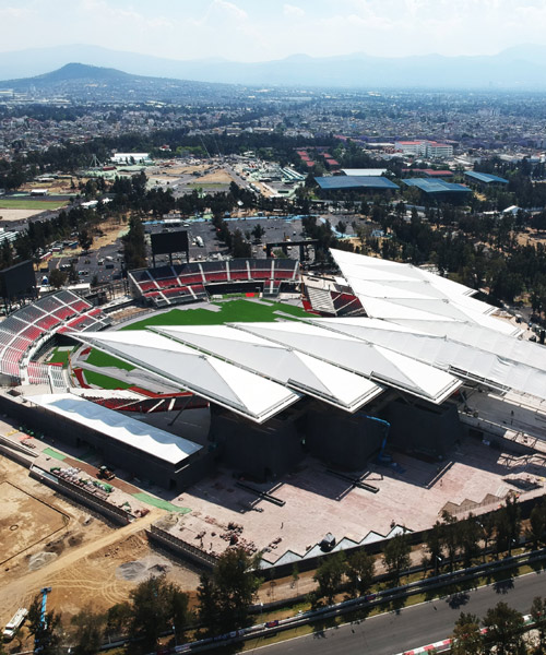 FGP atelier designs baseball stadium in mexico city with devil tail-shaped roof canopy