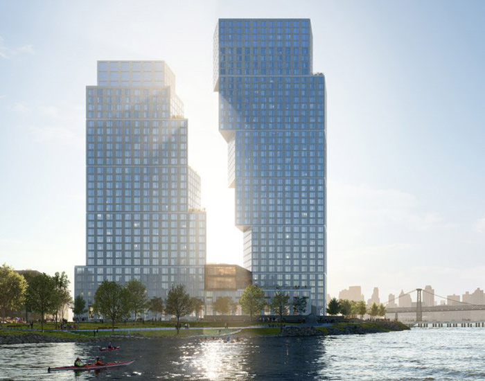 OMA's greenpoint landing towers top out on the brooklyn waterfront