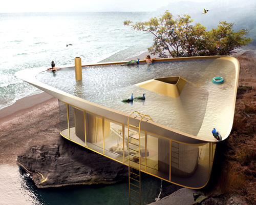 anti reality reverses roof of this summerhouse to create space for a pool