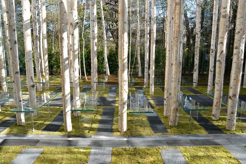 kengo kuma combines tree trunks and glass for the birch moss chapel  in japan