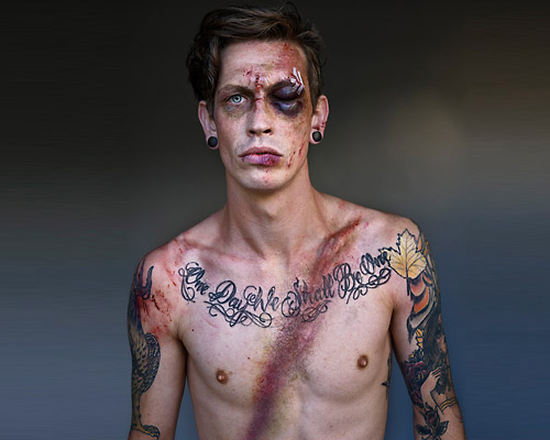 the 'belted survivor' series transforms real seatbelt wounds into badges of honour