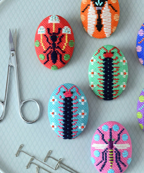colorful kogin embroidery makes insect brooches as cute as mochi