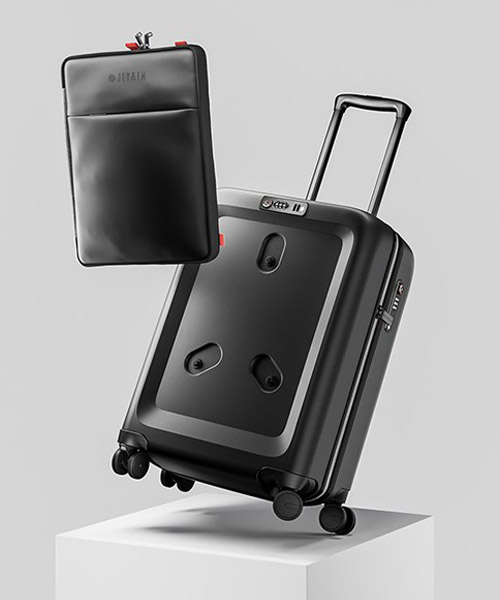 smart luggage by jey&em includes bluetooth trackers and a power bank to simplify traveling