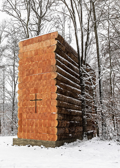 john pawson constructs wooden chapel in germany out of 61 douglas fir logs